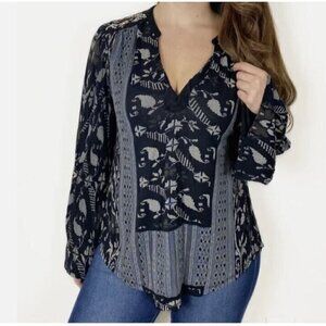 Lucky Brand Top Womens Large Black Southwestern Embroidered Bell Sleeve Boho